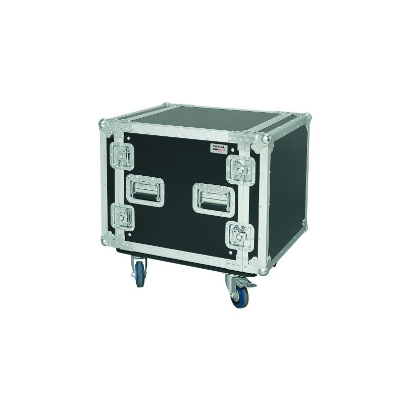 Flight case profissional 10U de 19”, com rodas de 100 mm e 45 cm de profundidade útil.
