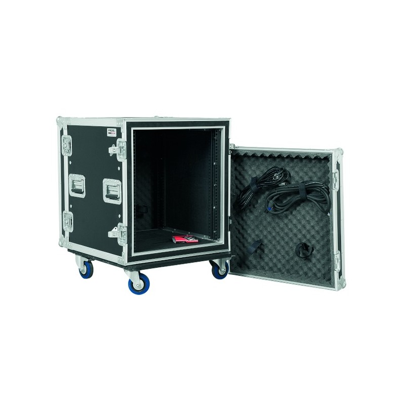 Flight case profissional 12U de 19”, com estrutura interna em espuma, rodas de 100 mm e 50 cm de profundidade útil.