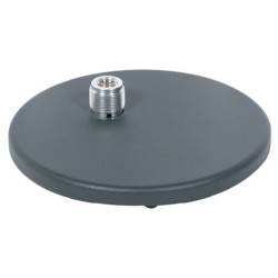 Low profile microphone holder with metal round base featuring rubber shock mount feet and 5/8' off-center microphone mount. 2