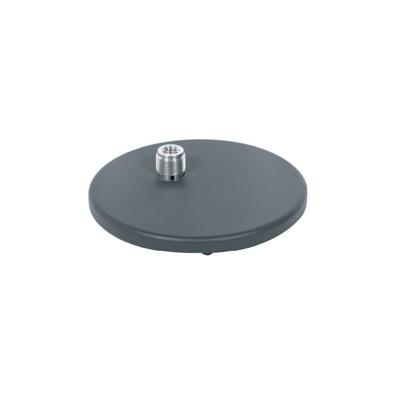 Low profile microphone holder with metal round base featuring rubber shock mount feet and 5/8' off-center microphone mount.