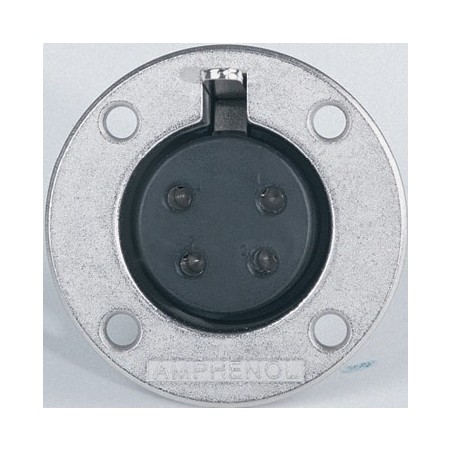 Amphenol 4-pole panel mount power female socket with round metal flange, nickel plated finish.