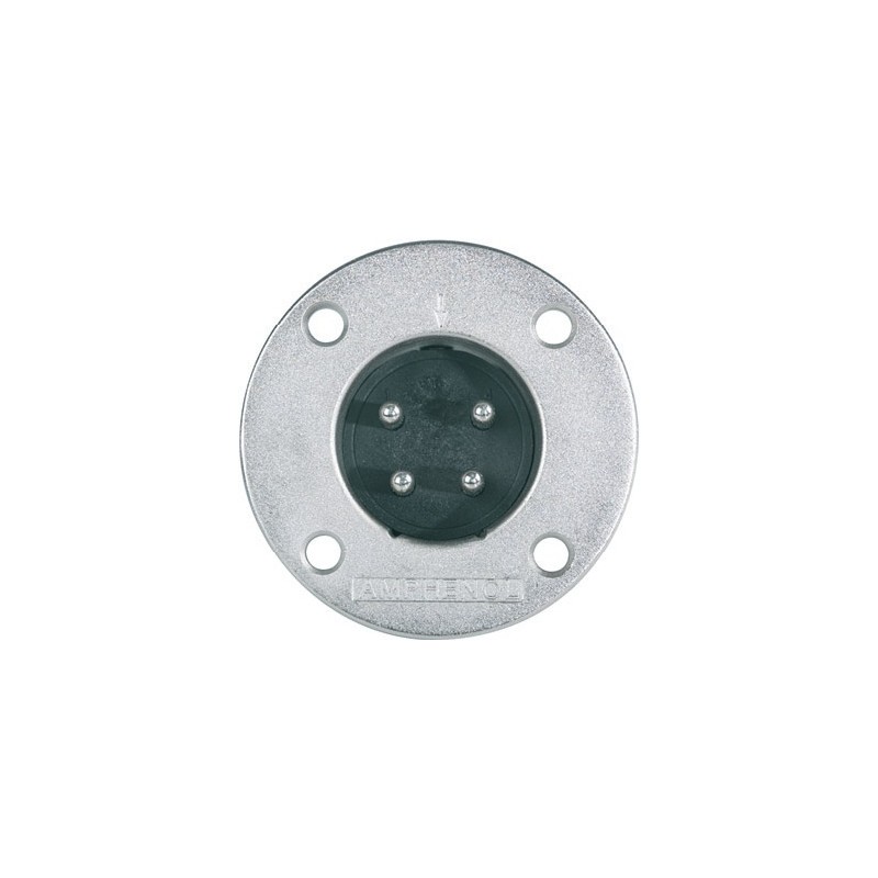 Amphenol 4-pole panel mount power male plug with round metal flange, nickel plated finish.