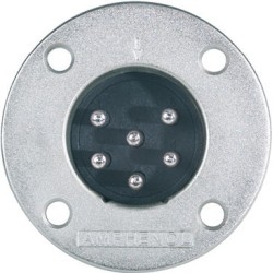 Amphenol 6-pole panel mount power male plug with round metal flange, nickel plated finish. 2