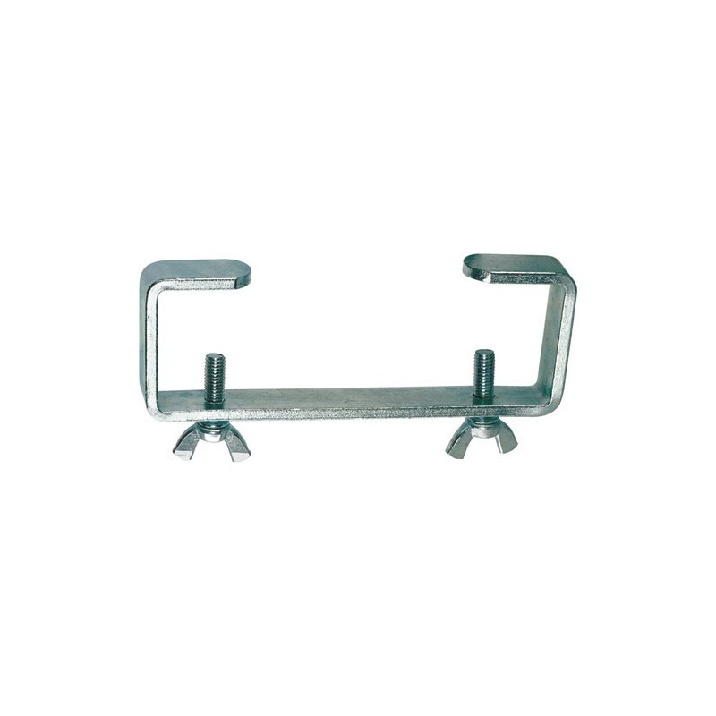 Zinc plated hook clamp for lighting bars with two fastening screws.