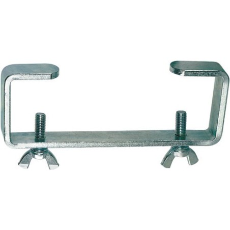 Zinc plated hook clamp for lighting bars with two fastening screws.