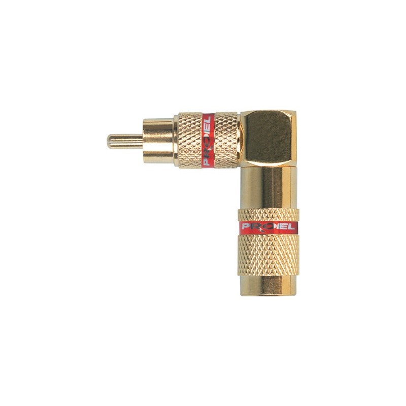 Spina volante RCA professionale angolare a 90° con contatti e manicotto dorati, molla passacavo flessibile Ø 9 mm.