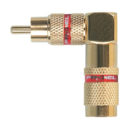 Spina volante RCA professionale angolare a 90° con contatti e manicotto dorati, molla passacavo flessibile Ø 9 mm.
