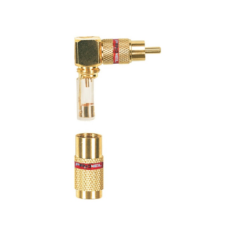Spina volante RCA professionale angolare a 90° con contatti e manicotto dorati, molla passacavo flessibile Ø 9 mm.