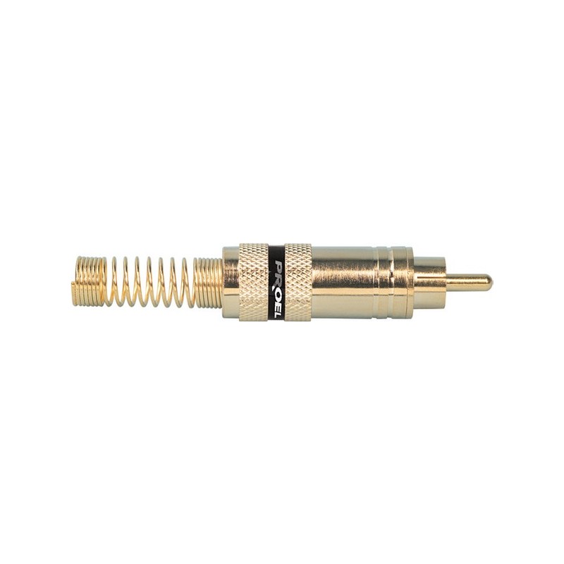 Spina volante RCA professionale con contatti dorati, manicotto in alluminio anodizzato nero e molla passacavo flessibile Ø 8 mm.