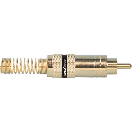 Spina volante RCA professionale con contatti dorati, manicotto in alluminio anodizzato nero e molla passacavo flessibile Ø 8 mm.