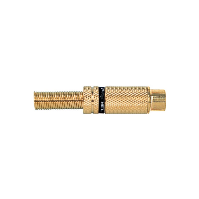 RCA cable mount female socket with gold plated contacts and shell, Ø 6.5 mm flexible cable spring.