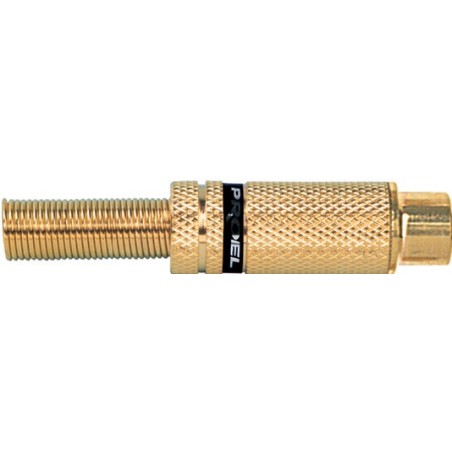 RCA cable mount female socket with gold plated contacts and shell, Ø 6.5 mm flexible cable spring.