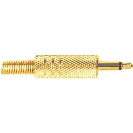 Tomada jack mono macho Ø 3,5 mm, com casquilho e contactos banhados a ouro, mola de cabo flexível Ø 5 mm.