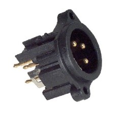 3-pole XLR panel mount nylon male receptacle. Gold plated contacts. PCB vertical contacts. 2