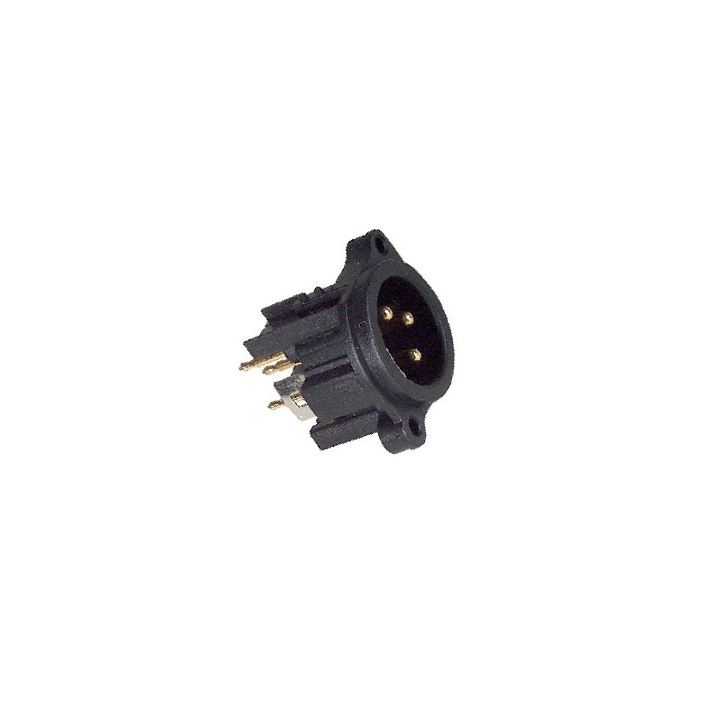 3-pole XLR panel mount nylon male receptacle. Gold plated contacts. PCB vertical contacts.