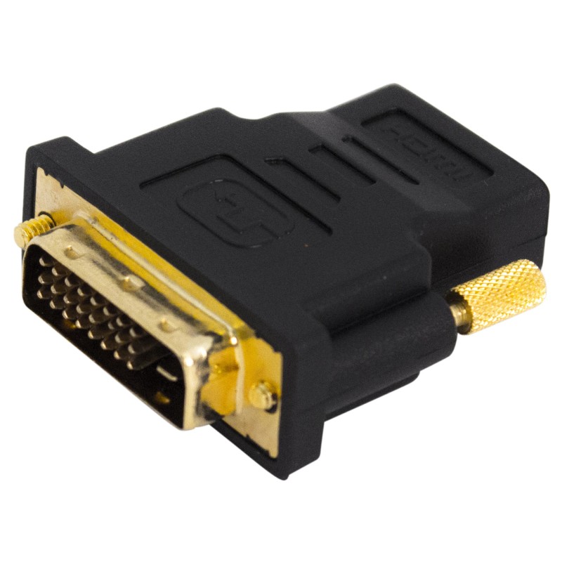 Professional video signal adapter, with DVI (24+5) male to HDMI female connections. Black color with gold plated brass parts.