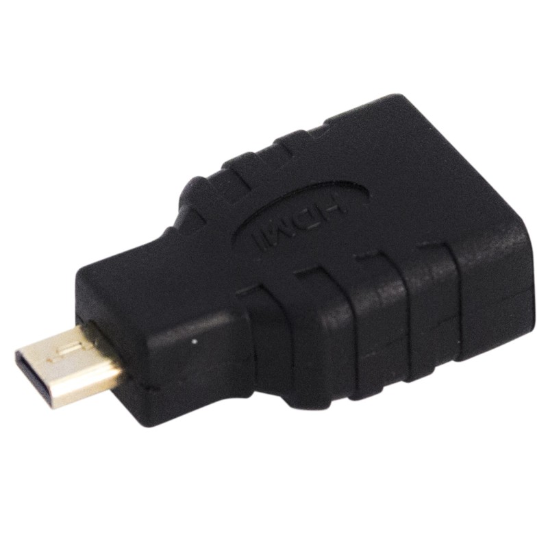 Professional video signal adapter, with HDMI female to Micro HDMI male connections. Black color with gold plated brass parts.
